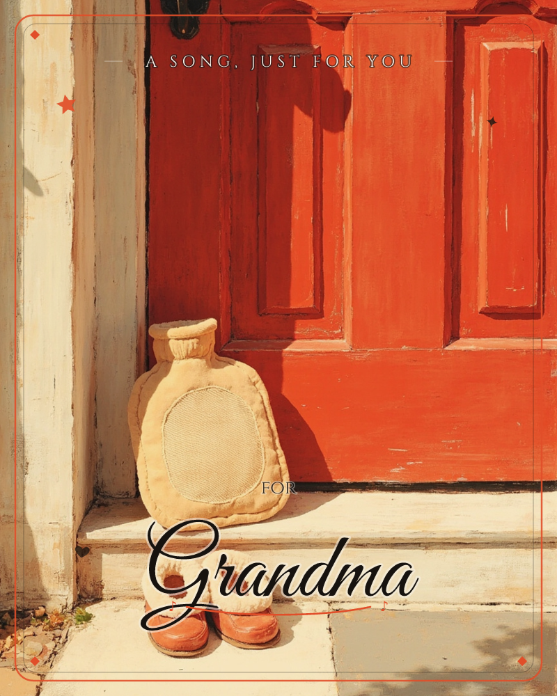 A tan hot-water bottle leans against a weathered red-orange panelled door, with a small pair of fleece-lined slippers set on the step below, a just because e-card design