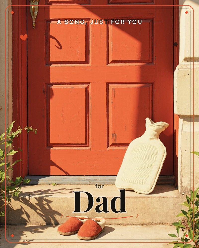 A cream-coloured hot water bottle leans against a sun-warmed orange panelled door, with a pair of slippers waiting on the step below and a brass…, a just because e-card design
