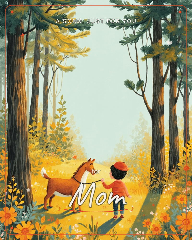 A child in a red cap and jacket leads a small brown-and-white horse by a rope along a sunlit forest path, tall pines framing a clearing dotted with…, a just because e-card design