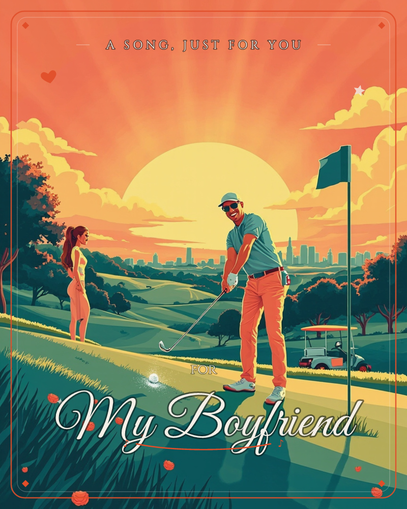 Golden sunset blazing over rolling green fairways, a lone flag waving as the huge orange sun sinks behind a distant city skyline, warm summer evening…, a just because e-card design by @DittyCityTeam