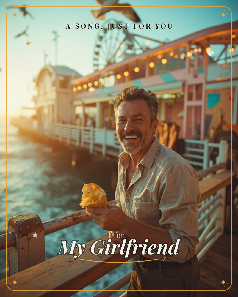 Golden pier at sunset, string lights glowing over a Ferris wheel, gulls wheeling above salt-sprayed rails and a warm, easy summer joy, a just because e-card design by @DittyCityTeam