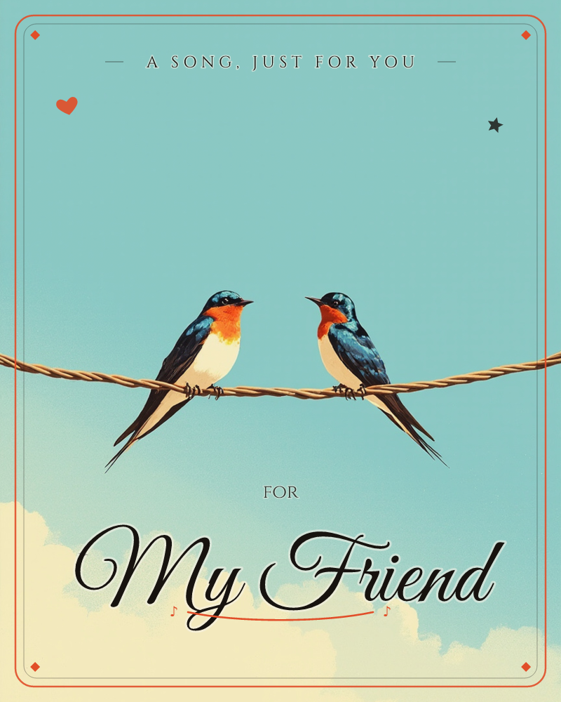 Two swallows with glossy blue-black backs, orange throats and cream bellies perch face to face on a twisted wire, forked tails hanging beneath them, a just because e-card design