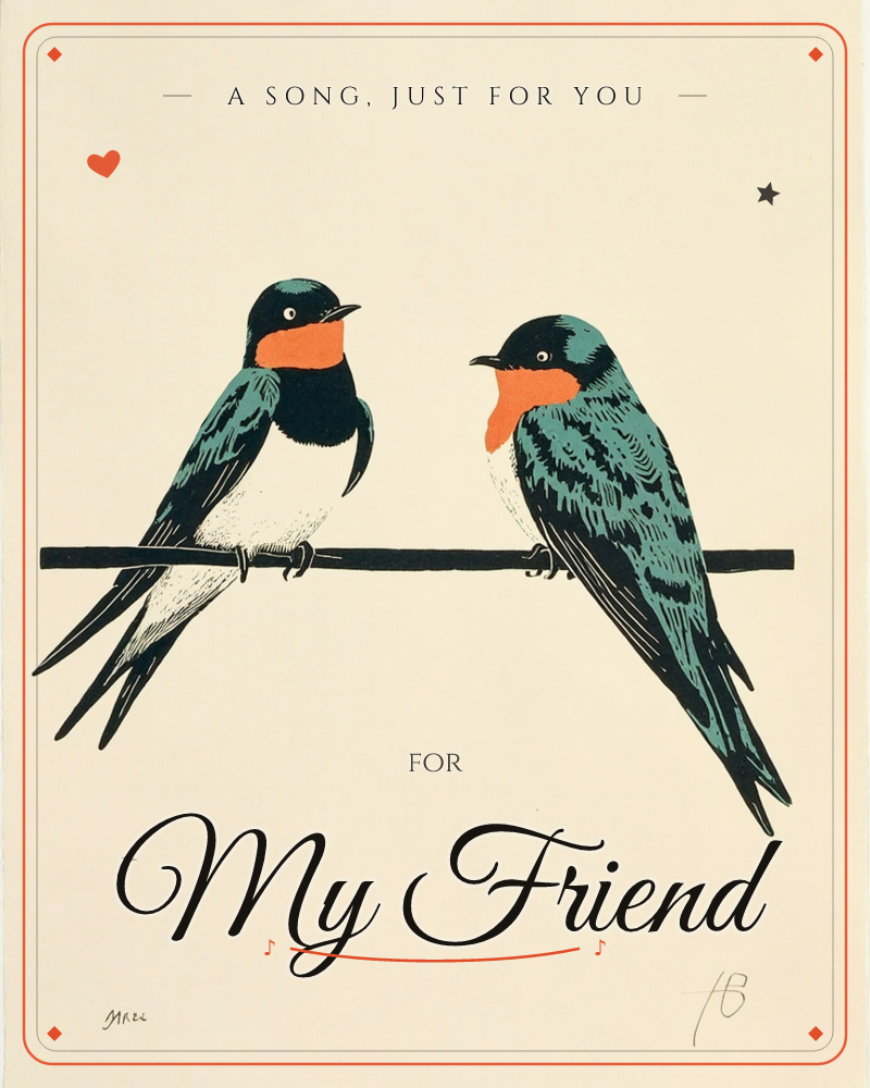 Two swallows perch face to face on a single black wire, set against a warm cream background, a just because e-card design