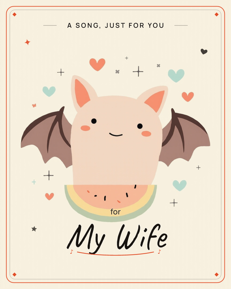A round-eared cartoon bat with soft brown wings peeks out from behind a slice of watermelon, its blushing cheeks and closed smile giving it a sleepy…, a just because e-card design