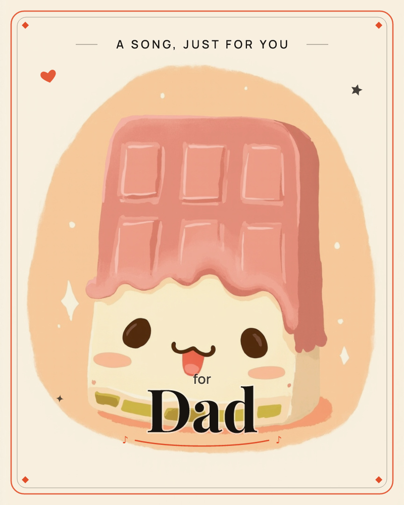A chunky slab of pink chocolate with a happy cartoon face melts sweetly over a pale creamy block, set against a soft peach halo on a warm cream background, a just because e-card design