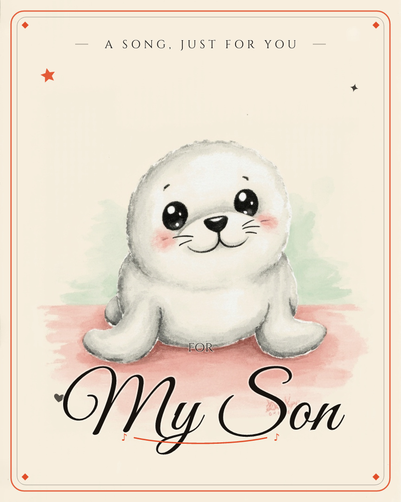A round, fluffy baby seal with big black eyes and rosy pink cheeks sits smiling on a soft red surface, a hazy green backdrop glowing behind it like a…, a just because e-card design