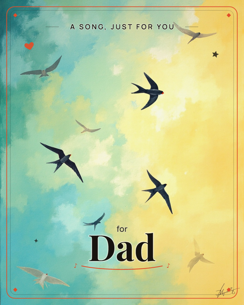 A flock of dark swallows wheels across a painted sky that shifts from turquoise cloud on one side to warm golden light on the other, a just because e-card design