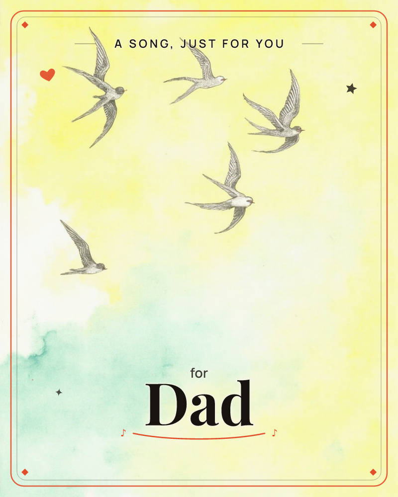 Five swallows sketched in fine grey ink swoop and glide across a soft wash of yellow and green watercolour, their wings caught mid-flap in different…, a just because e-card design