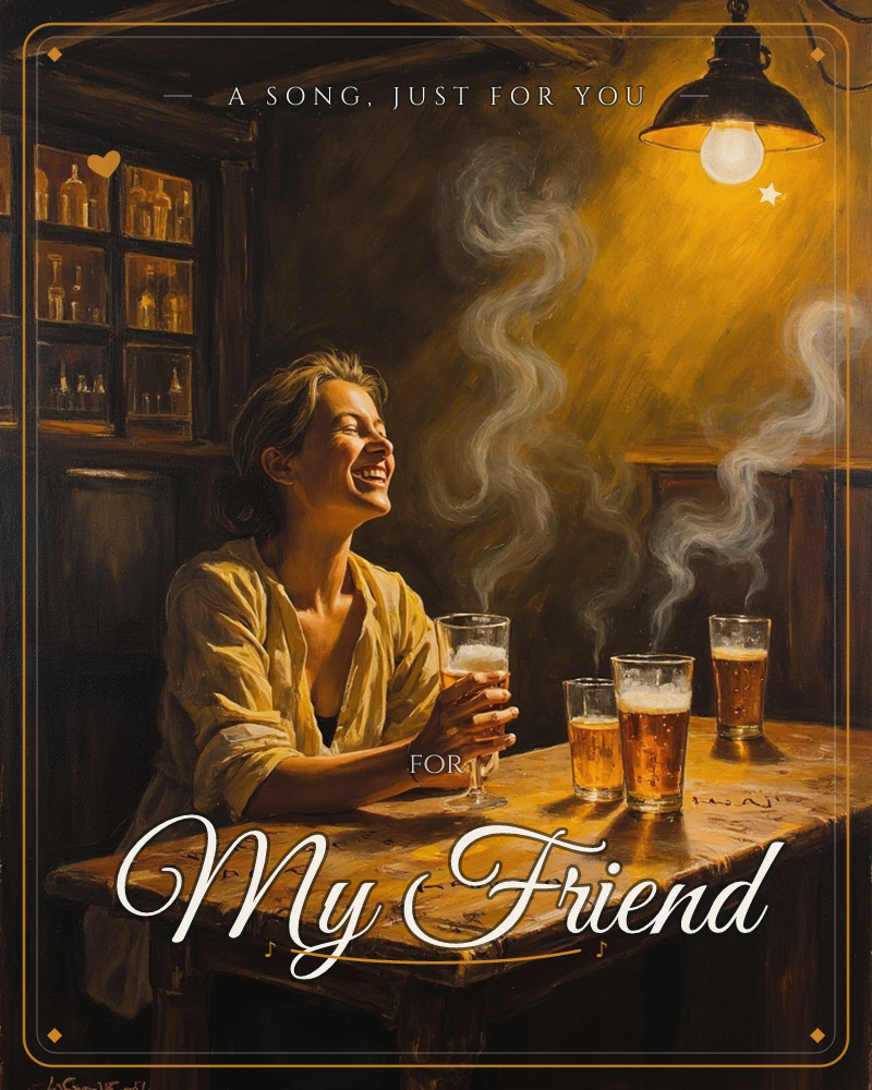 Golden lamplight over a worn tavern table, glasses of amber ale glowing through curling smoke, warm laughter filling a shadowy old pub at night, a just because e-card design by @DittyCityTeam