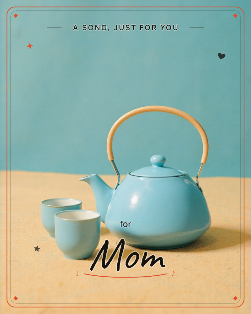 A pale blue ceramic teapot with a curved wooden handle sits beside two matching small teacups on a warm mustard-yellow surface, set against a soft…, a just because e-card design