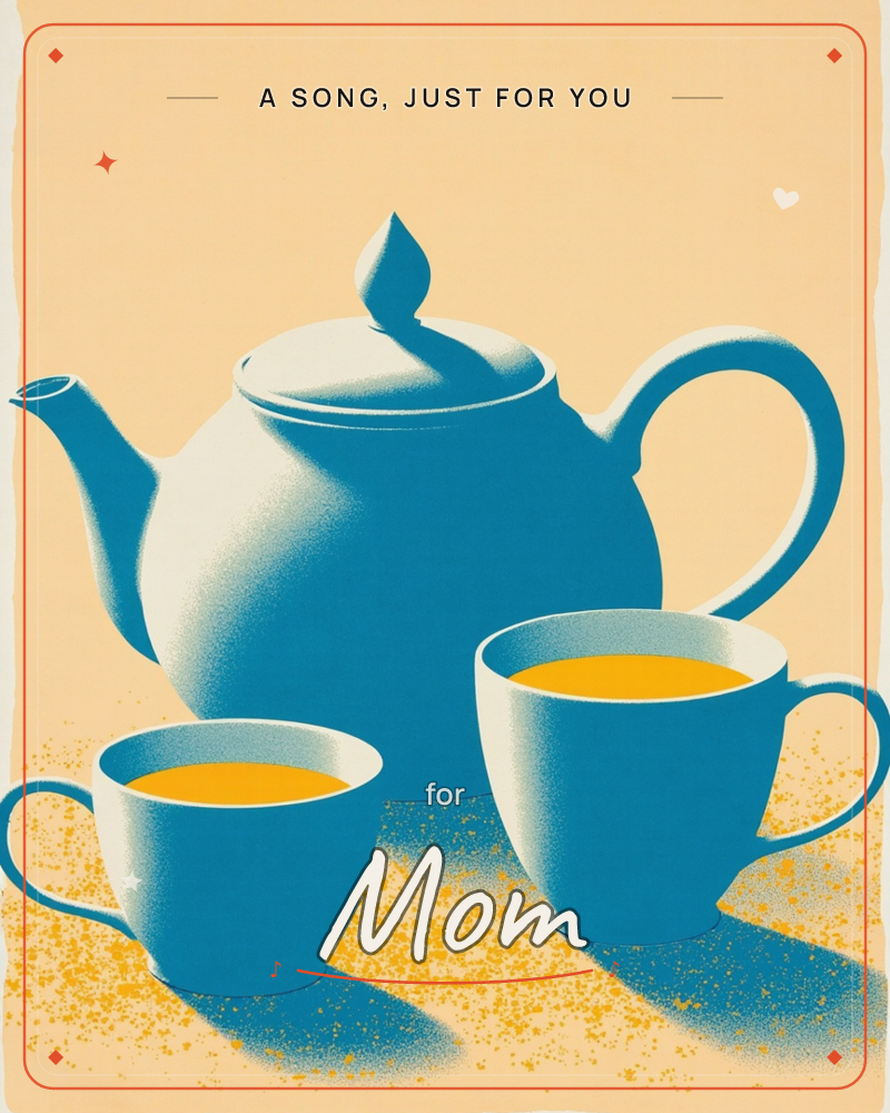 A stylised teapot stands between two full cups of tea, all rendered in a bold teal-blue against a warm cream background with a gritty, halftone texture, a just because e-card design