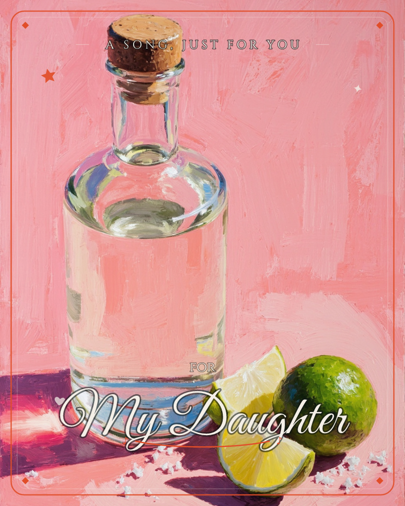 A cork-topped glass bottle of clear spirit stands against a bold pink backdrop, catching bright sunlight that throws a deep violet shadow across the table, a just because e-card design