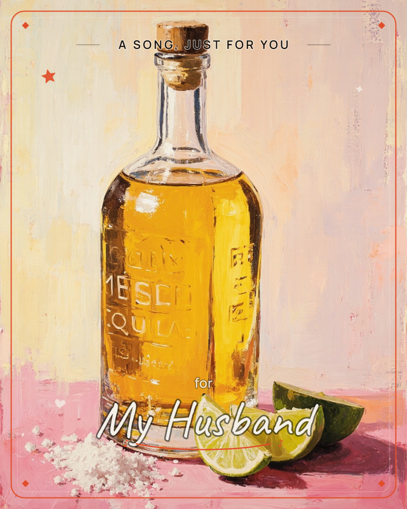 A corked glass bottle of golden tequila stands against a loosely brushed cream and blush backdrop, with fresh lime wedges propped at its base, a just because e-card design