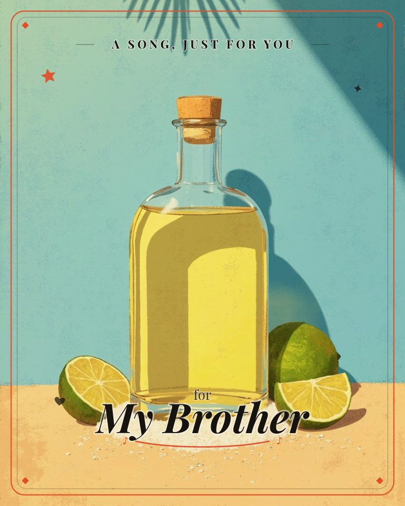 A cork-topped bottle of golden liquor sits on a sandy-yellow surface against a teal wall, ringed by scattered salt and sliced limes, a just because e-card design