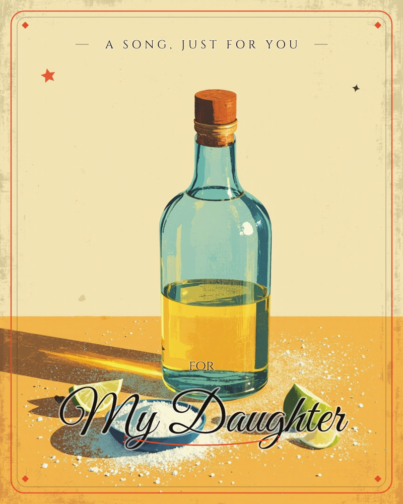 A half-full bottle of tequila stands on a sandy, sunlit surface with a cork stopper catching the light, a just because e-card design