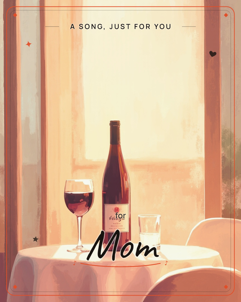 A bottle of red wine stands on a linen-draped café table beside a full glass and a small water tumbler, warm afternoon light pouring through tall…, a just because e-card design
