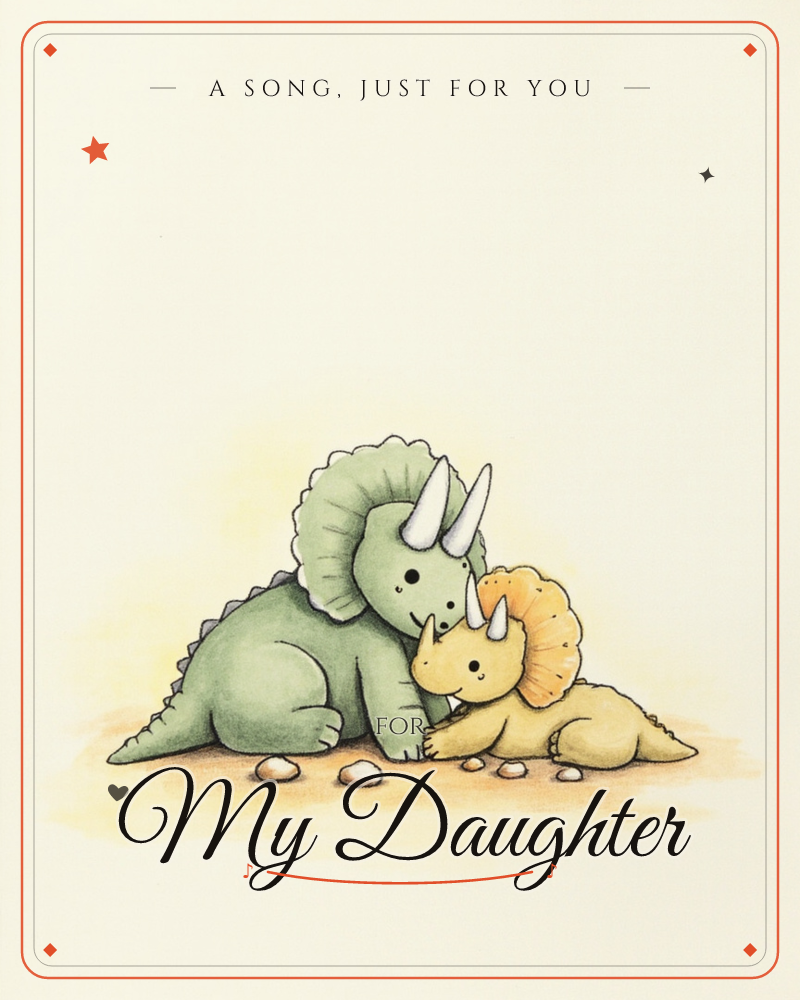 A large green triceratops rests protectively beside a smaller yellow one, their frills nuzzled close together on a patch of bare ground scattered with…, a just because e-card design