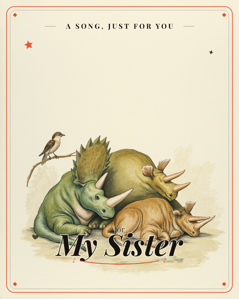 A trio of triceratops in soft green and warm tan tones rest curled together on a pale sandy ground, their frilled heads and horns overlapping…, a just because e-card design