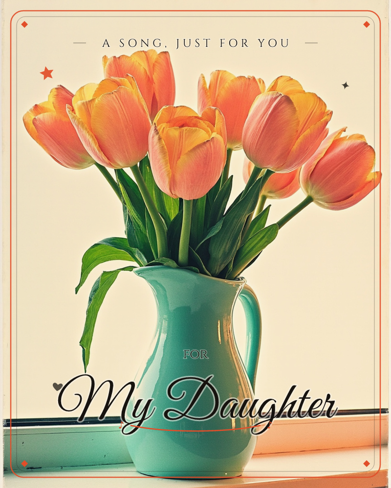 A cluster of peach and coral tulips leans out of a glossy turquoise pitcher, its curved handle catching the light on a sunlit windowsill, a just because e-card design