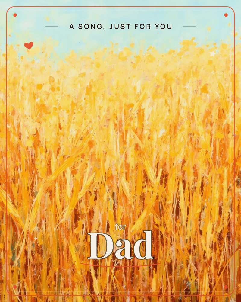 A dense field of golden wheat fills nearly the whole card, its stalks rendered in loose, energetic strokes of amber and orange against a pale summer sky, a just because e-card design