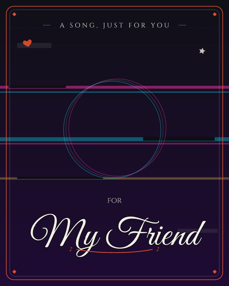 A dark backdrop is crossed by thin horizontal lines in pink, blue, and amber, interrupted by two overlapping circular outlines glowing at the centre…, a just because e-card design by @DittyCityTeam