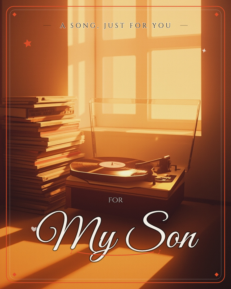 A vintage turntable sits spinning beside a tall stack of records, bathed in warm late-afternoon sunlight streaming through a paned window, a just because e-card design