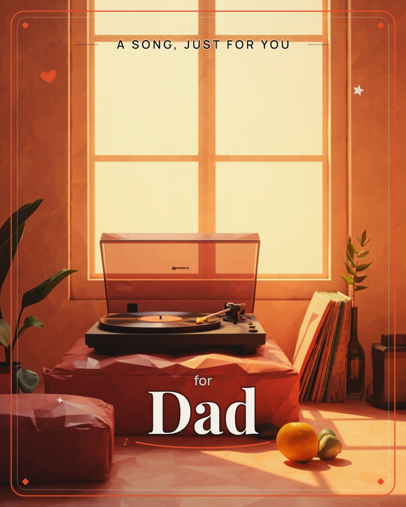 A record player sits open on a low stool bathed in warm afternoon light from a large paned window, its needle resting on a spinning vinyl disc, a just because e-card design
