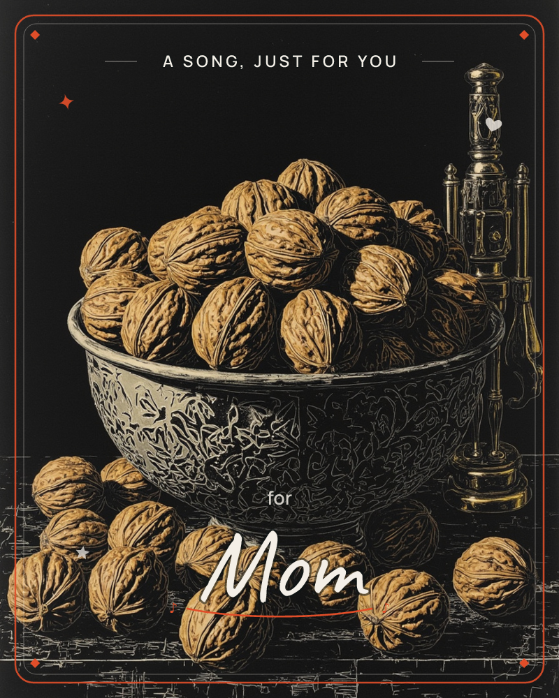A dark, dramatic still life shows a bowl piled high with walnuts, its surface etched with a delicate floral pattern, sitting on a dark tabletop, a just because e-card design