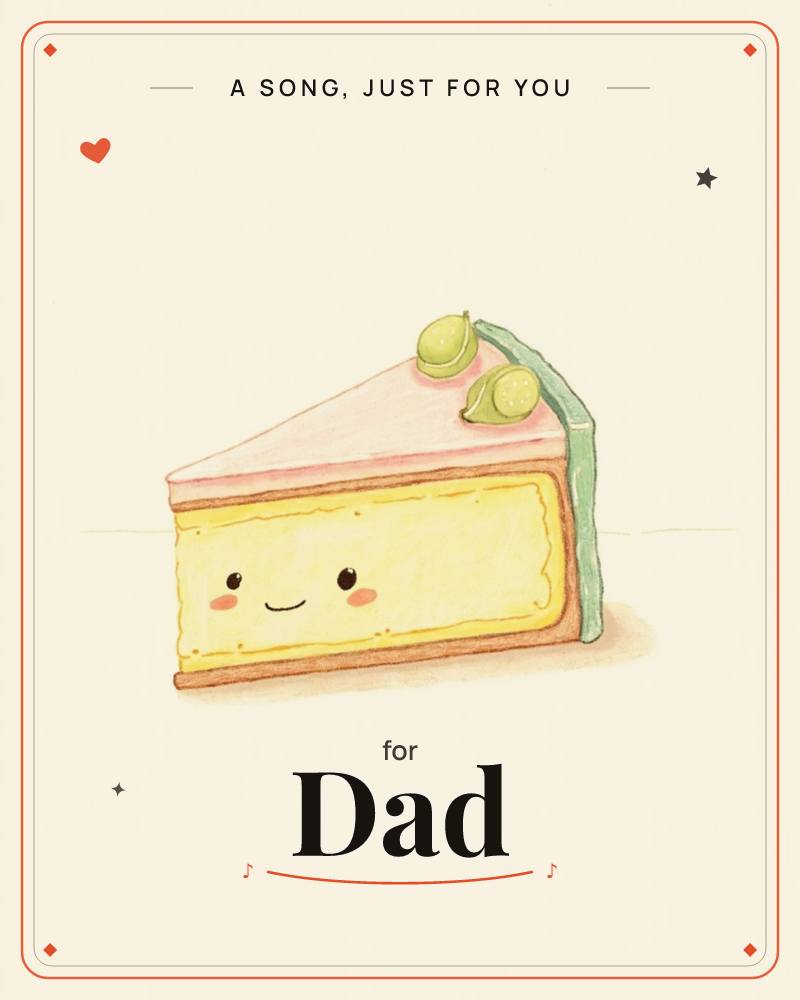 A single slice of layered cake sits on a plain cream background, its pink-iced top decorated with two green sugared berries and a curl of green…, a just because e-card design