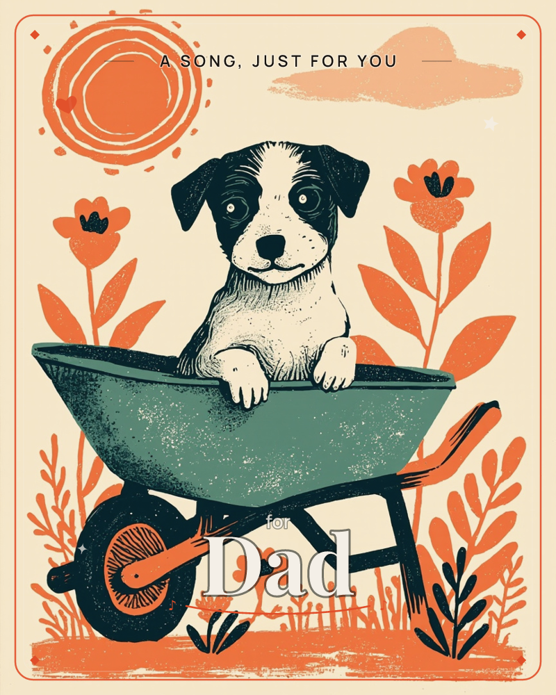 A black-and-white dog with big round eyes props its paws over the edge of a teal wheelbarrow, surrounded by bold orange flowers and a swirling sun…, a just because e-card design