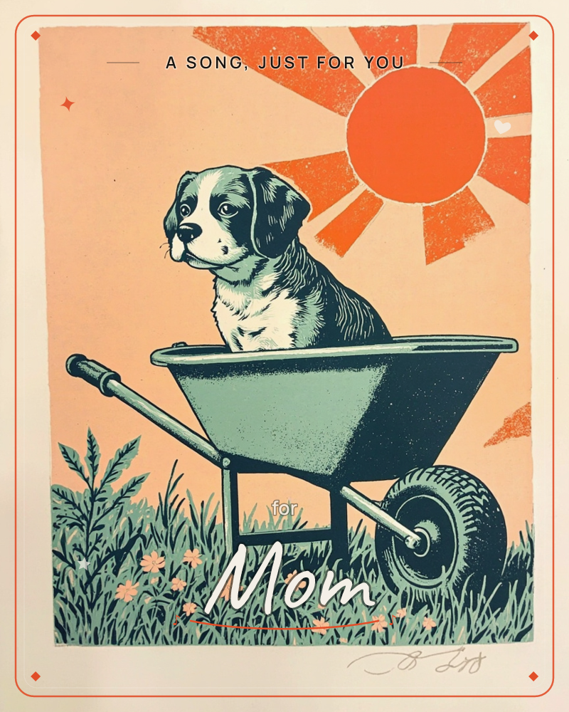 A print shows a floppy-eared dog sitting upright inside a wheelbarrow parked in tall grass and small flowers, with a bold graphic sun and radiating…, a just because e-card design