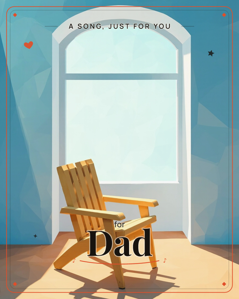 A wooden slatted chair sits empty in a sunlit alcove beneath a tall arched window, its faceted low-poly style catching sharp triangles of light across…, a just because e-card design