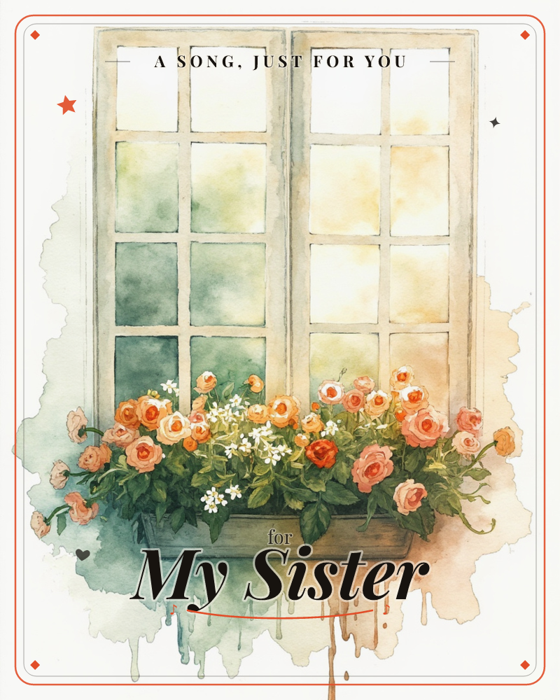 A watercolour painting of a paned window with a flower box brimming with peach roses and small white blossoms trailing over the sill, a just because e-card design