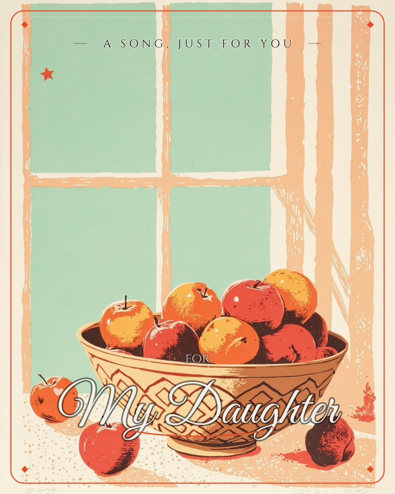 A patterned ceramic bowl overflows with apples and oranges, set before a paned window with soft mint-green glass, a just because e-card design