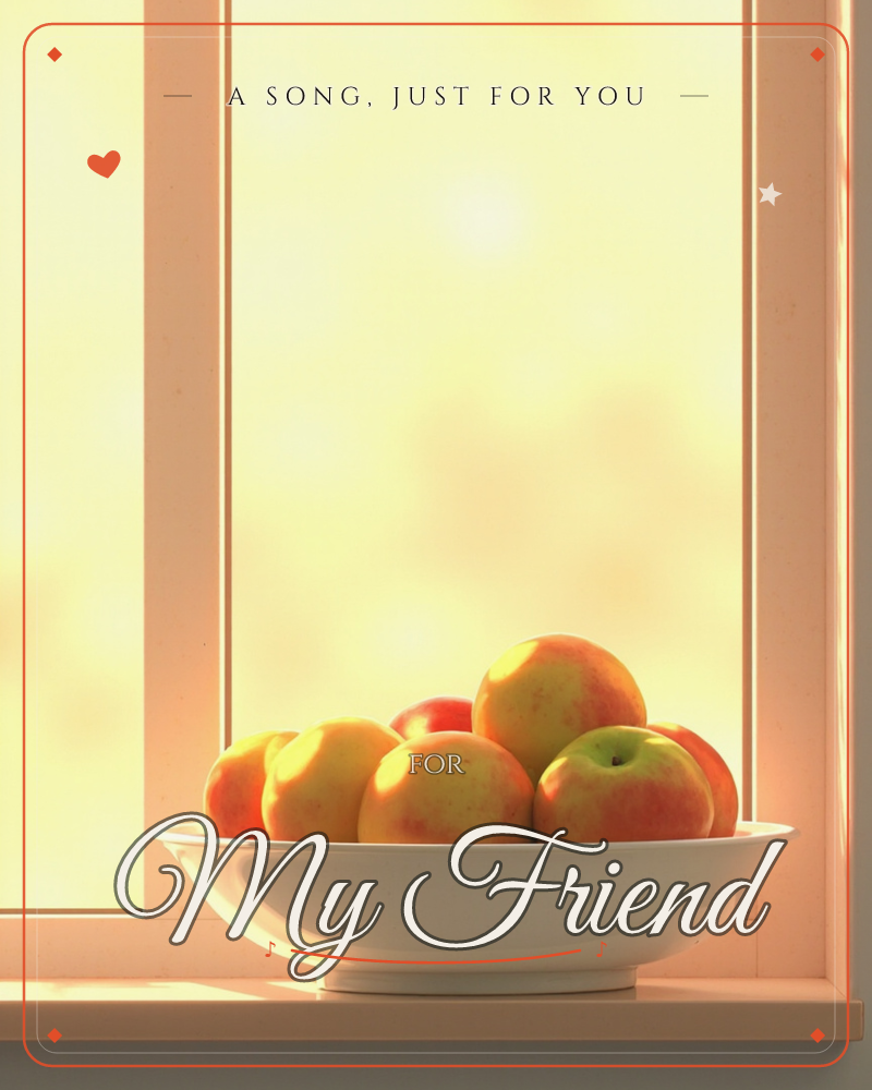 A white pedestal bowl piled with rosy apples sits on a wooden windowsill, backlit by a wide window glowing with warm golden light, a just because e-card design