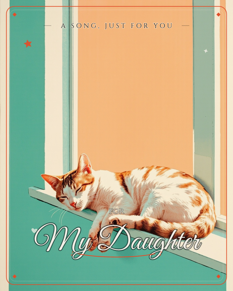 A ginger-and-white cat curls up asleep on a narrow windowsill, tucked against bold vertical stripes of teal, cream and warm peach, a just because e-card design