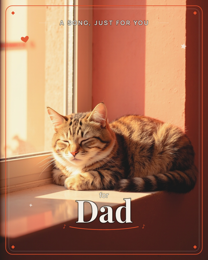 A tabby cat curls up on a sunlit windowsill, eyes closed in contentment, its fur glowing gold and amber in the warm afternoon light, a just because e-card design