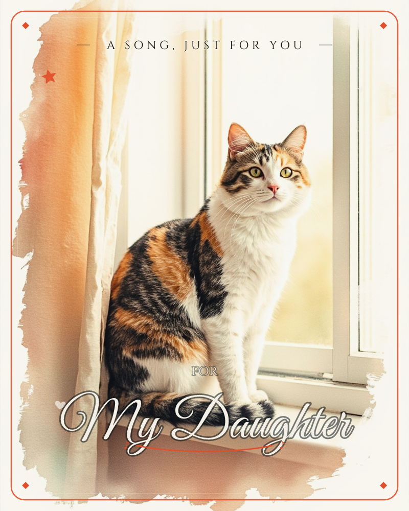 A calico cat sits neatly on a sunlit windowsill, tail curled around its paws, gazing out toward the viewer, a just because e-card design