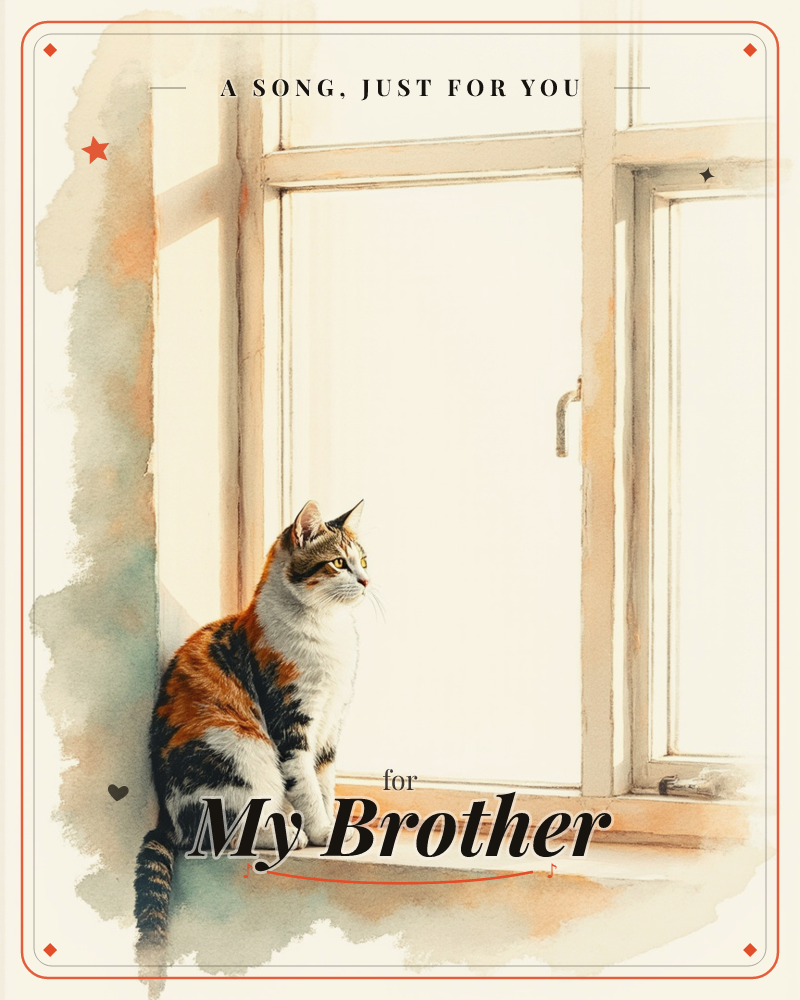 A calico cat sits upright on a windowsill, gazing out through an old wood-framed window flooded with soft, bright light, a just because e-card design