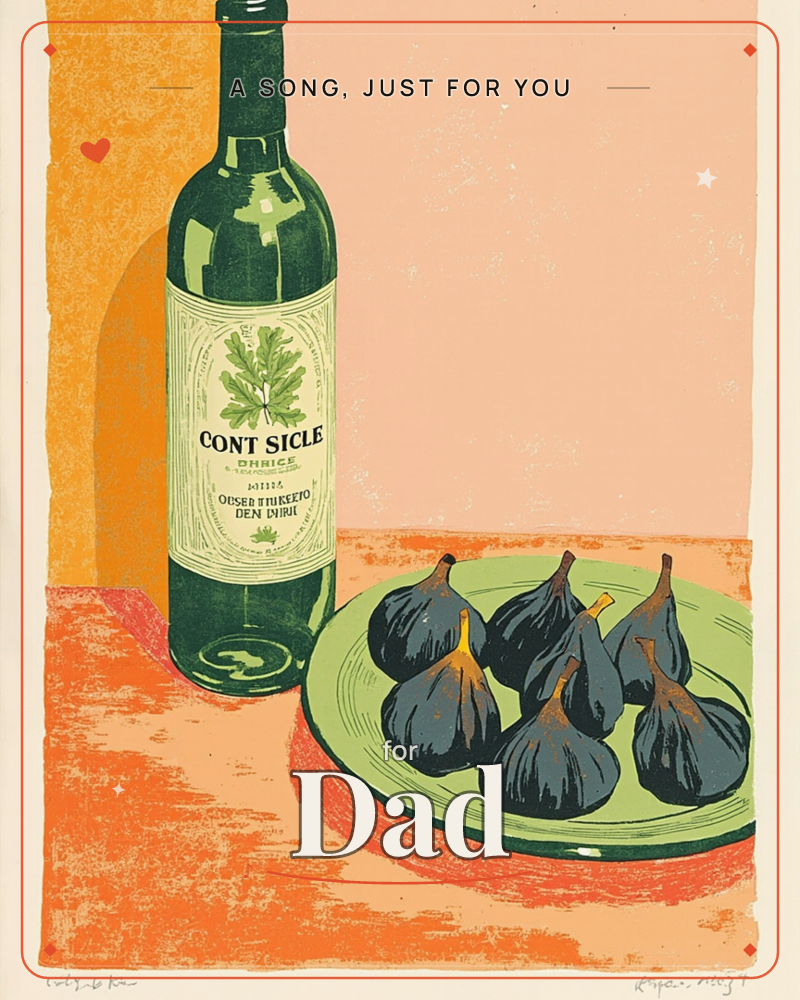 A dark green wine bottle with a leafy label stands beside a green plate piled with plump purple figs, all set on a tabletop washed in orange and peach, a just because e-card design