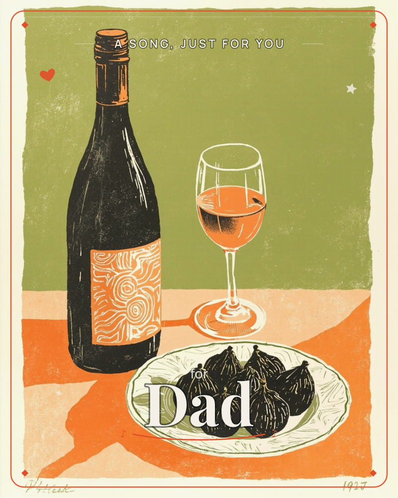 A linocut-style still life shows a dark wine bottle with a swirling orange label, a half-full glass beside it, and a plate of dark figs on a warm…, a just because e-card design
