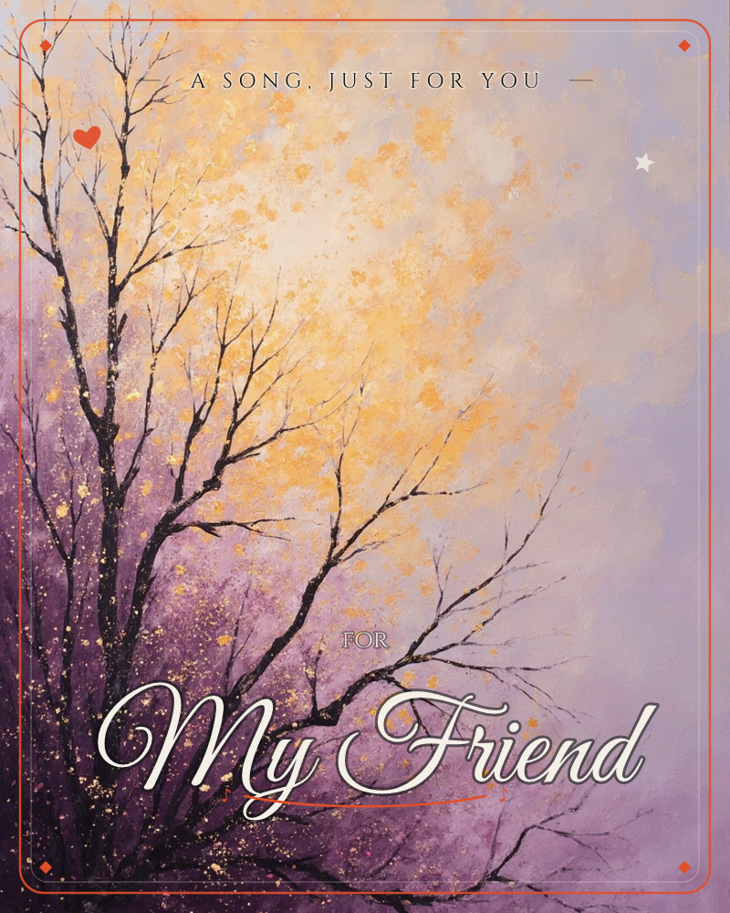 A bare, black-branched tree spreads across a hazy sky of glowing gold and dusky violet, its silhouette dusted with flecks of amber and lilac light, a just because e-card design