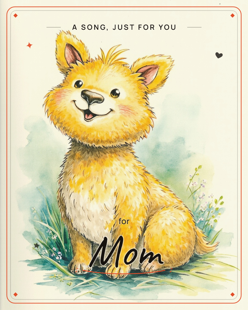 A shaggy golden puppy sits upright on a patch of grass, ears perked and mouth open in a happy grin, a just because e-card design