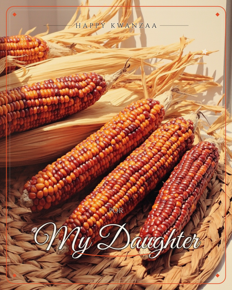 A close-up photograph of ornamental Indian corn, its kernels glowing in shades of maroon, gold and orange, arranged on a woven straw mat with dried…, a kwanzaa e-card design