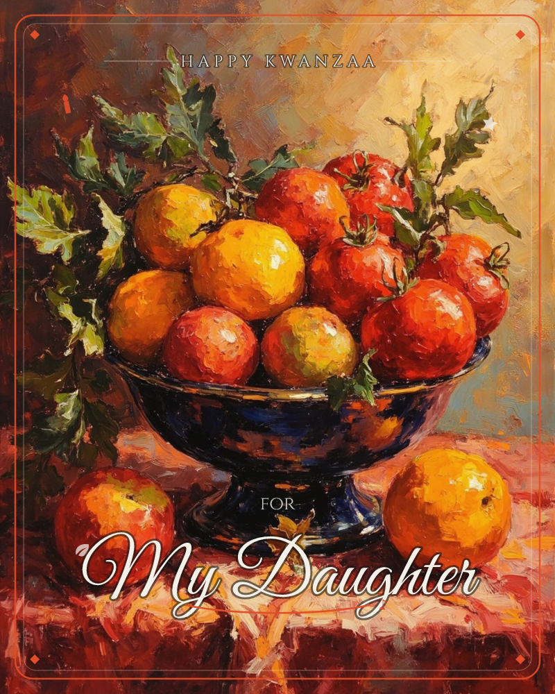 A dark blue pedestal bowl overflows with ripe apples, oranges and tomatoes, tucked with sprigs of oak-shaped green leaves, a kwanzaa e-card design