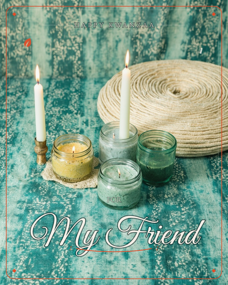 A cluster of small mason-jar candles in mustard, seafloam and sage sit atop a teal patterned cloth, two tall white tapers flickering among them beside…, a kwanzaa e-card design