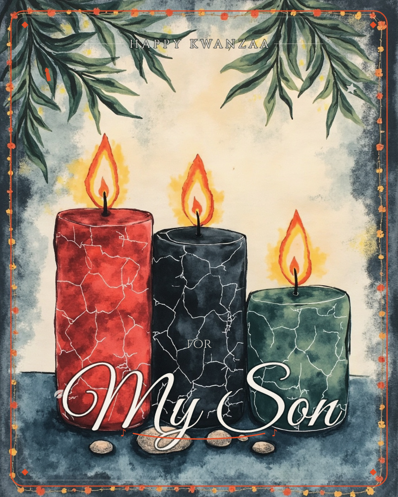 Three crackle-textured candles in red, black, and green stand lit against a warm cream background, framed by dark drooping leaves and a beaded dotted…, a kwanzaa e-card design