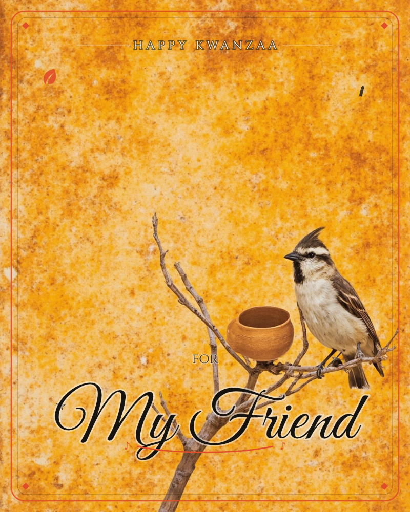 A crested sparrow perches on a bare, forking branch beside a tiny terracotta pot balanced in the fork, set against a richly mottled ochre and…, a kwanzaa e-card design