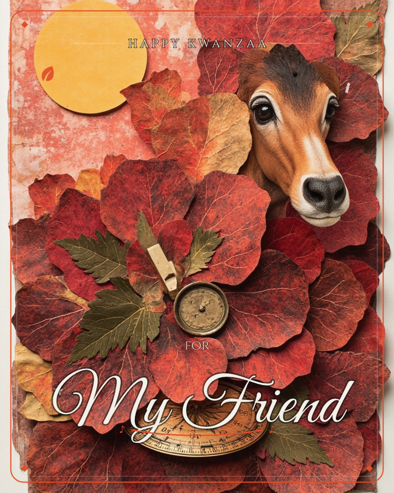A gentle deer's face peers out from a dense bed of pressed autumn leaves in shades of crimson, rust and gold, layered like a collage against a mottled…, a kwanzaa e-card design