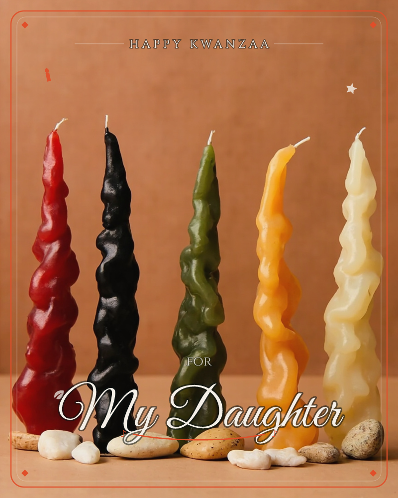Five twisted taper candles in red, black, olive green, orange and cream stand in a row against a warm terracotta backdrop, each nestled among small…, a kwanzaa e-card design